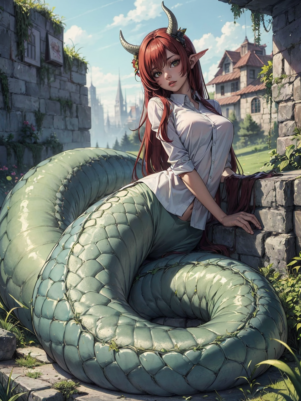 masterpiece, best quality, 1girl, lamia, scales, white shirt, full body, outdoors, fantasy, solo, monster girl, <lora:add_...